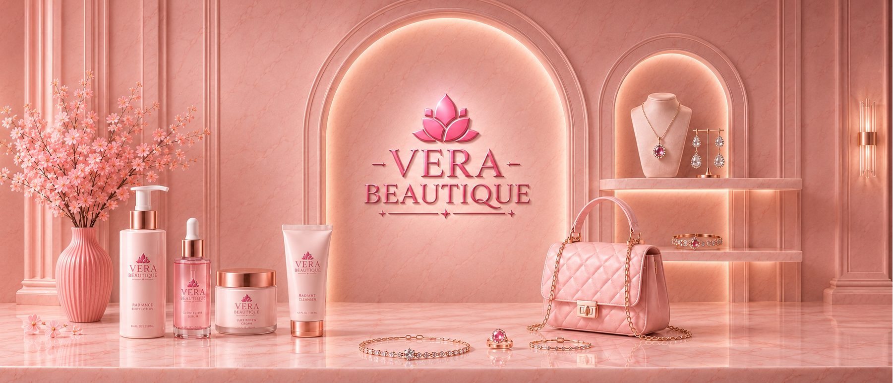 Vera Beauteque skincare products and accessories on a pink decorative background